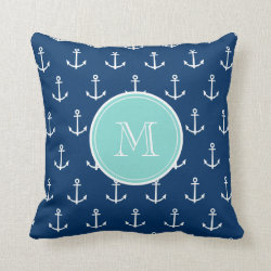 Navy Blue White Anchors Pattern, Mint Green Monogr Pillows