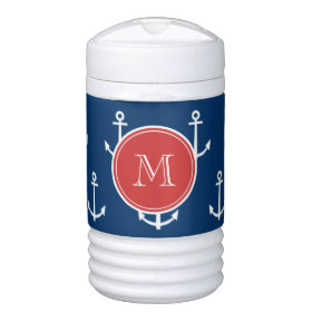 Navy Blue White Anchors Pattern, Red Monogram Igloo Beverage Dispenser