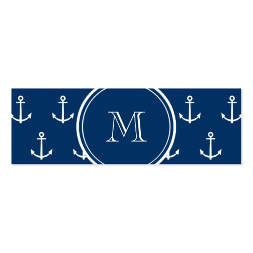 Navy Blue White Anchors Pattern, Your Monogram Business Card Template