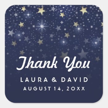 Navy Blue White And Gold Stars Wedding Thank You Square Sticker by juliea2010 at Zazzle