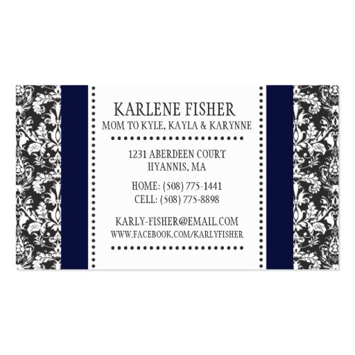 Navy Blue & White Classic Damask Mommy Calling / Business Cards (back side)