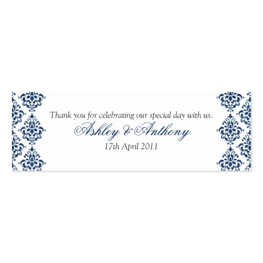 Navy Blue White Damask Floral Wedding Favour Tags Business Cards (front side)