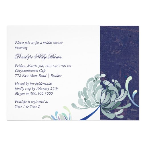 Navy Blue & White Elegant Mum Floral Bridal Shower Custom Invitations