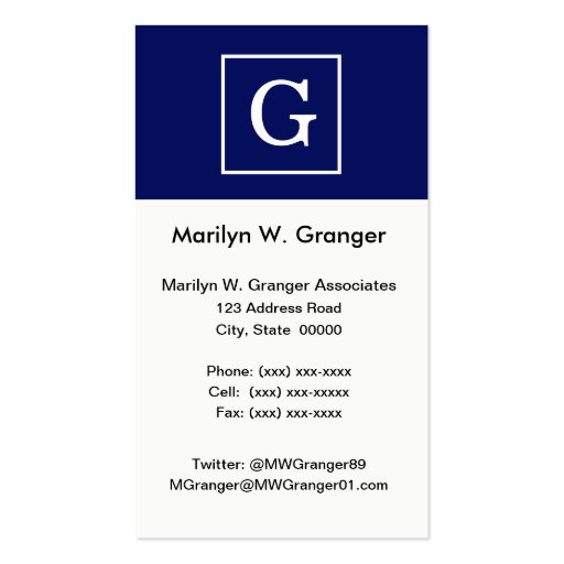Navy Blue White Framed Initial Monogram Business Card Templates (front side)