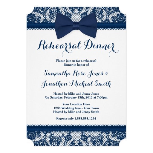 Navy Blue & White Lace Bow Rehearsal Dinner Invite