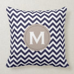 Navy Blue White Monogram Chevron Pattern Throw Pillow