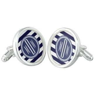 Navy Blue White Monogrammed Stripe Personalized Cufflinks