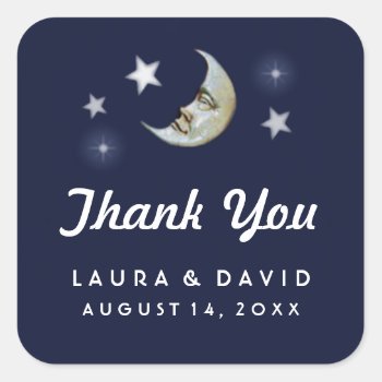 Navy Blue & White Moon & Stars Wedding Thank You Square Sticker by juliea2010 at Zazzle