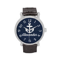 Navy Blue/White Nautical Anchor Custom Watch at Zazzle