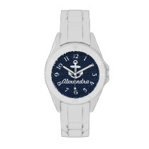 Navy Blue/White Nautical Anchor Personalized Watch at Zazzle