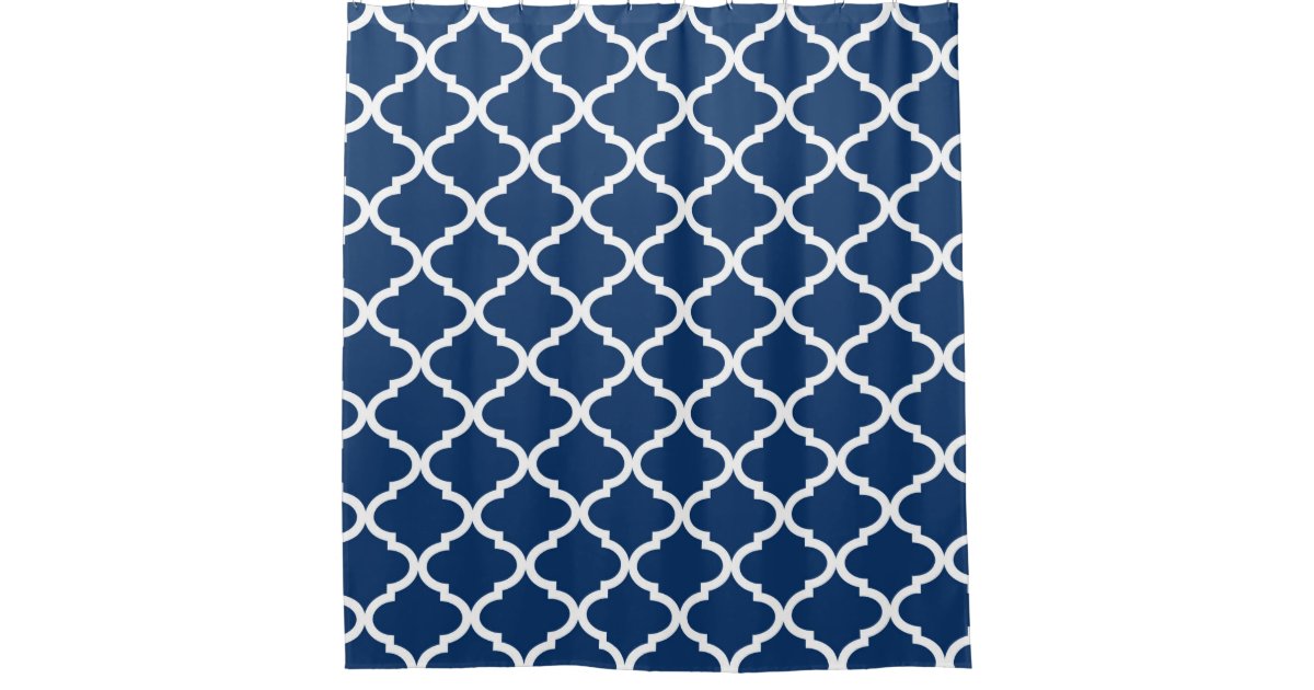 Navy Blue White Quatrefoil Lattice Shower Curtain