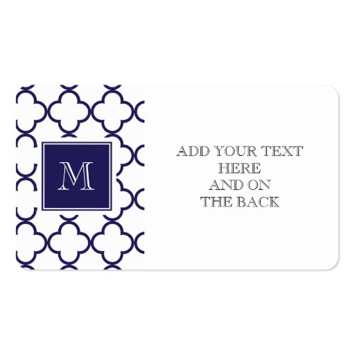 Navy Blue, White Quatrefoil | Your Monogram Business Card Template