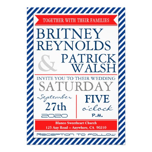 Navy Blue White Red Nautical Wedding Invitations