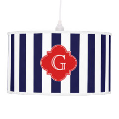 Navy Blue White Stripe Red Quatrefoil Monogram Pendant Lamps