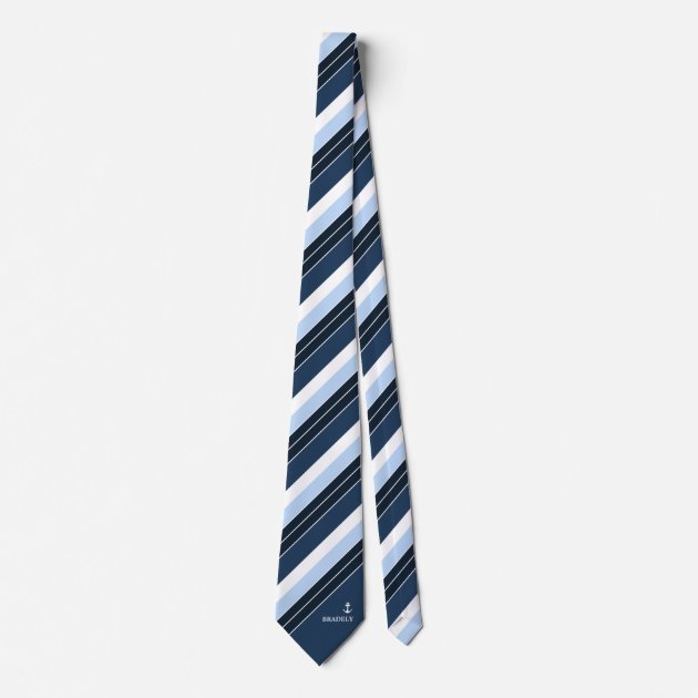 Navy Blue White Stripes Nautical Monogram Name Tie