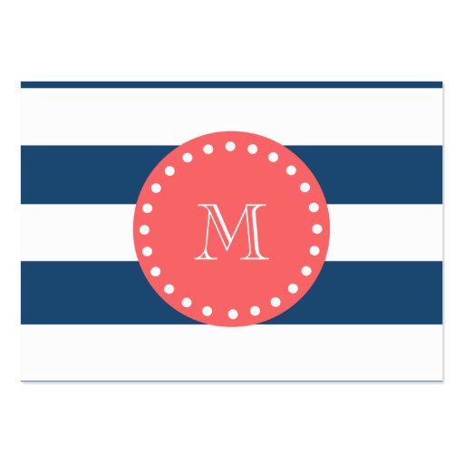 Navy Blue White Stripes Pattern, Coral Monogram Business Card Template (front side)