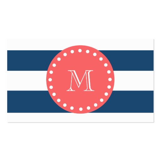 Navy Blue White Stripes Pattern, Coral Monogram Business Card (front side)