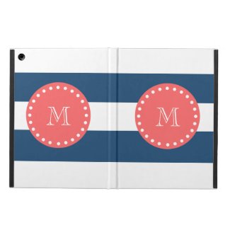 Navy Blue White Stripes Pattern, Coral Monogram Case For iPad Air