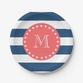 Navy Blue White Stripes Pattern, Coral Monogram 7 Inch Paper Plate