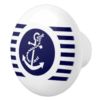 Navy Blue & White Stripes With Nautical Anchor Ceramic Knob