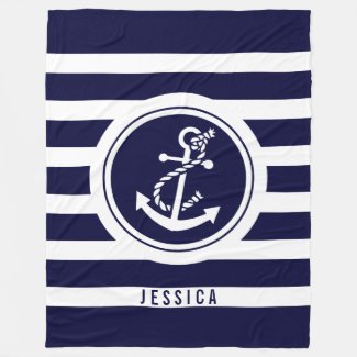 Navy Blue & White Stripes With Nautical Anchor Fleece Blanket