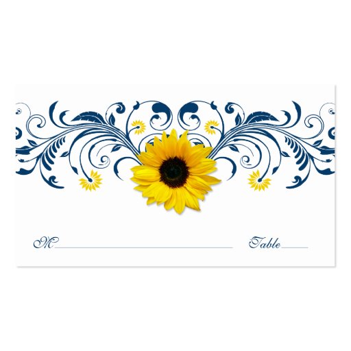 Navy Blue White Sunflower Floral Wedding Placecard Business Cards (front side)