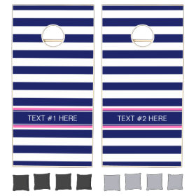Navy Blue Wht Horiz Stripe Hot Pink Name Monogram Cornhole Sets
