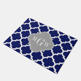 Navy Blue Wht Moroccan #5 Gray 3 Initial Monogram Doormat