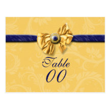 Navy blue yellow wedding table number postcards