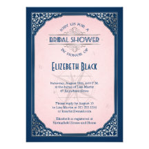 Navy Blush Pink Silver Vintage Frame Bridal Shower Personalized Invites