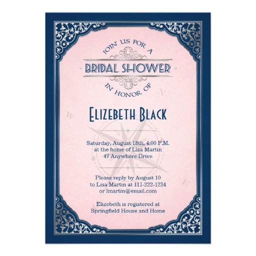 Navy Blush Pink Silver Vintage Frame Bridal Shower Personalized Invites