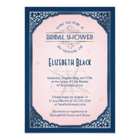 Navy Blush Pink Silver Vintage Frame Bridal Shower 5x7 Paper Invitation Card