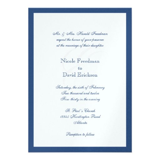 Navy border shimmer traditional monogram wedding personalized invitations