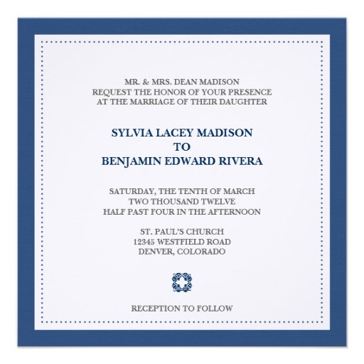Navy border square traditional wedding invitation