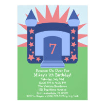 Navy Bounce On Over Bounce House Birthday Party Announcement