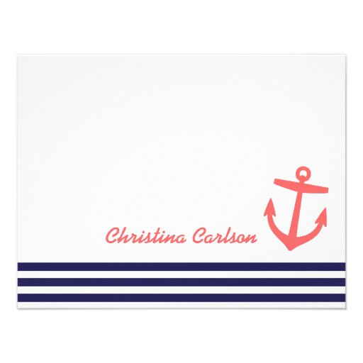 Navy & Coral Nautical Stripes & Anchor Stationery Personalized Invitations