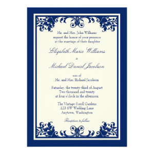Navy Cream Vintage Flourish Scroll Wedding Personalized Invite