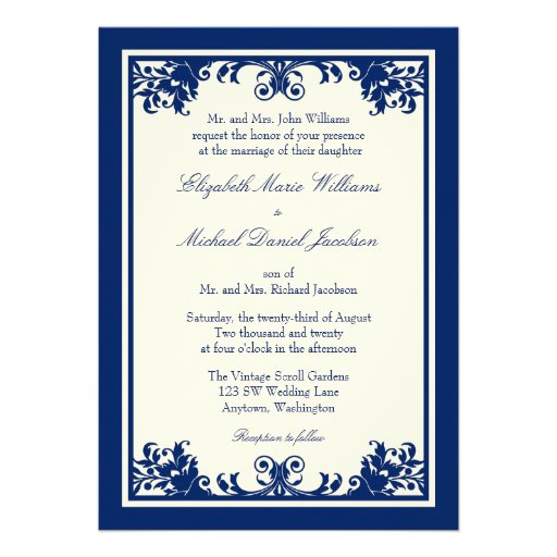 Navy Cream Vintage Flourish Scroll Wedding Personalized Invite