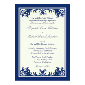 Navy Cream Vintage Flourish Scroll Wedding 5x7 Paper Invitation Card