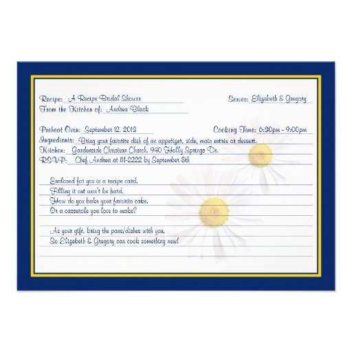 Navy Daisy Recipe Theme Bridal Shower Invitation