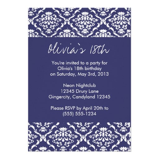 Navy Damask Birthday Invitation