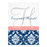 Navy Damask Coral Monogram Wedding Invitation