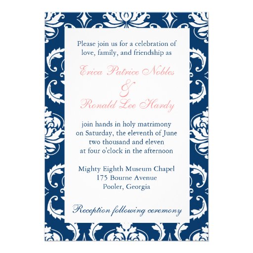 Navy Damask Coral Monogram Wedding Invitation