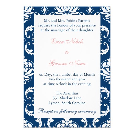 Navy Damask Coral Monogram Wedding Invitations