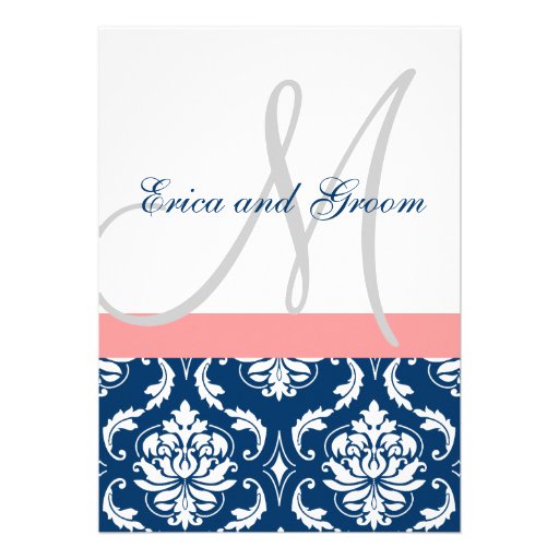 Navy Damask Coral Monogram Wedding Invitations