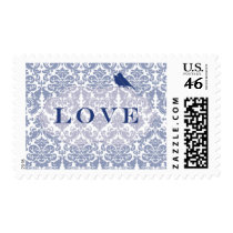 Navy Damask Love Birds Postage