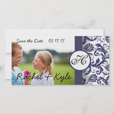 Navy Damask Save the Date Customized Photo Card