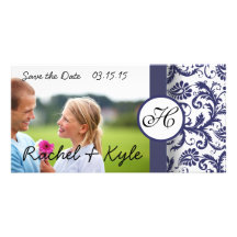Navy Damask Save the Date Customized Photo Card