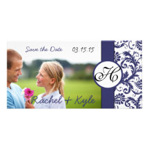 Navy Damask Save the Date Photo Card Template
