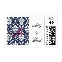 Navy Damask Wedding Monograms Pink & White Postage postage